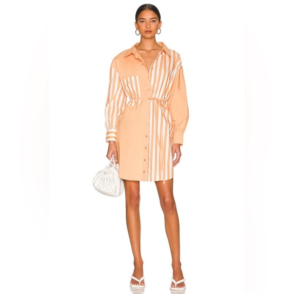 Ena Pelly Dresses & Skirts - Revolve Ena Pelly Bree Cotton Oversize Shirt Mini Dress with Tie - Melon Stripe